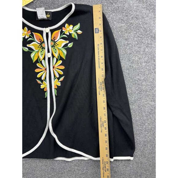 Bob Mackie Wearable Art Sweater Womens Large Black Embroidered Floral Cardigan - Picture 4 of 6